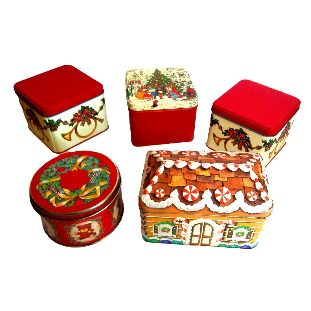 Vintage Christmas Holiday Tins Set Assorted Gingerbread House Wreath Set Of 5